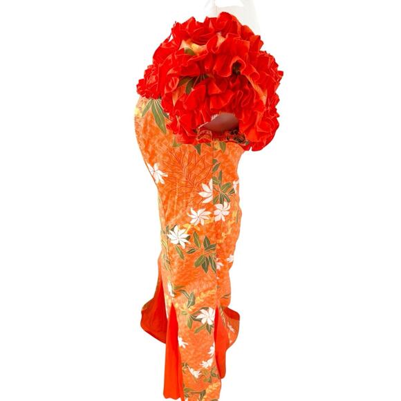 T&L Muumuu Factory Orange Puff Sleeve Vintage Hawaiian Aloha Dress Floral Ruffle - Picture 9 of 13